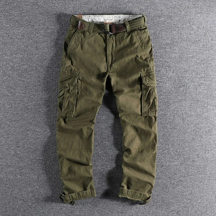 Heavyweight Camouflage Pants Men Clothing Multi-pockets Solid Color Patchworked Outdoor Trousers Retro Cargo Casual Wear Jogger