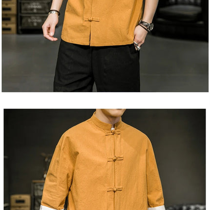 Camicia stile giapponese da uomo estiva cinese colletto rialzato Yukata Kimono Samurai Indossare T-shirt color block Hanbok Cappotto casual