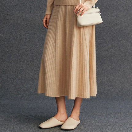 TLOML Luxury Women's 100% Cashmere Skirt Pleated Mid-Calf Skirt Autumn Winter Office Lady Grace Style Skirt Cashmere Knitwear PlatiNum