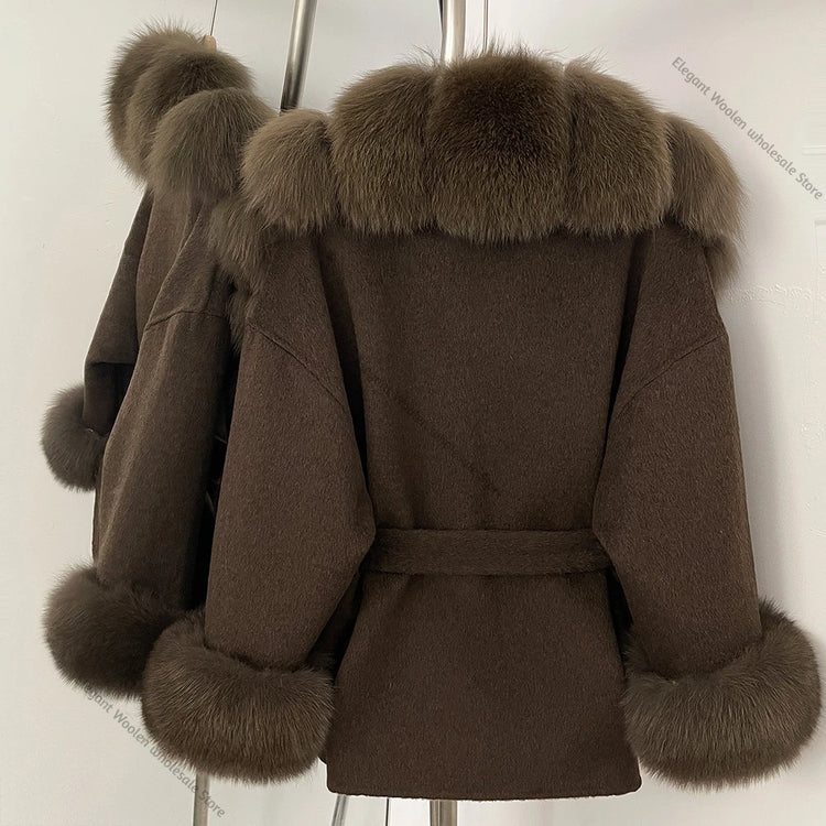 Real Fur Wool Jacket Fashion Reality Fur Jacket Women Natural Fox Fur Cuffs Winter Clothing Female Elegant with Belt Woolen Coat