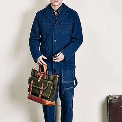 Men's Indigo Cargo Jacket Height Weight Cotton Lapel Multi-pocket Jacket Male French Vintage Thick Workwear Tooling Jacket Coat