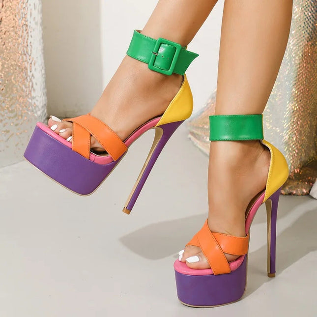 Eilyken Summer Sexy Peep Toe Platform Stiletto Heels Women Sandals Designer Hollow Out Ankle Buckle Nightclub Dance Shoes PlatiNum