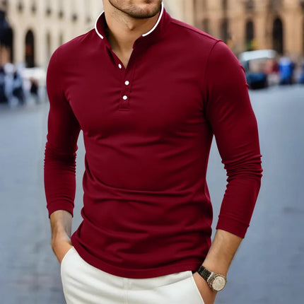 2025 New Men's Casual and Fashionable Solid Color Long Sleeve Stand-Up Collar T-Shirt Versatile and Comfortable Summer Top