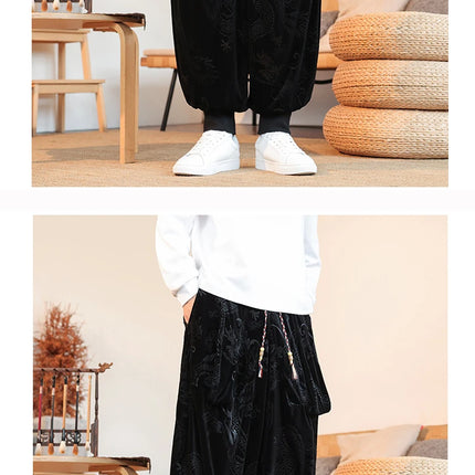 Pantaloni da uomo stile cinese retrò allentato drago scuro stampa pantaloni a gamba larga Kung Fu Tai Chi pantaloni casual tradizionali taglie forti 5XL