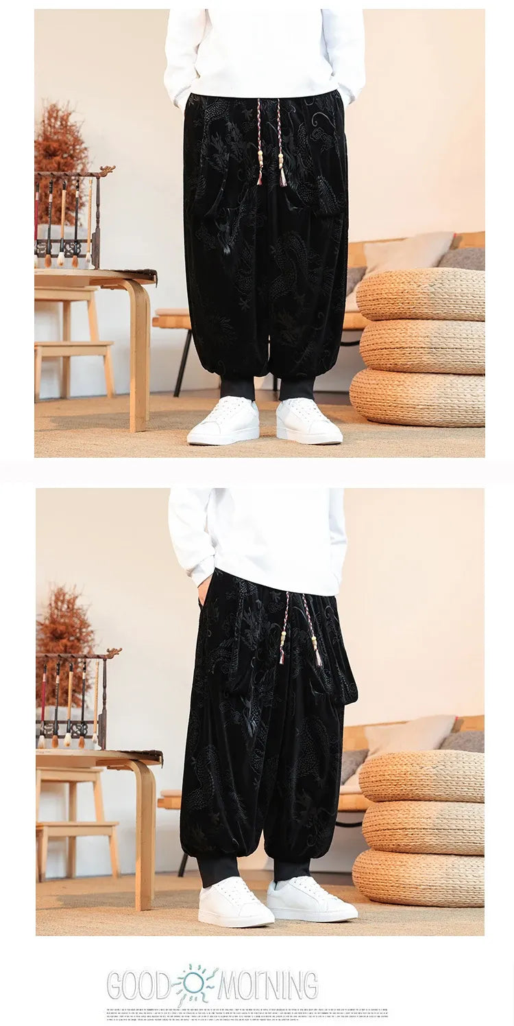 Pantaloni da uomo stile cinese retrò allentato drago scuro stampa pantaloni a gamba larga Kung Fu Tai Chi pantaloni casual tradizionali taglie forti 5XL