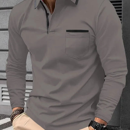 New men's long-sleeve polo shirt, casual sporty style, with lapel collar and decorative buttons, cross-border model.