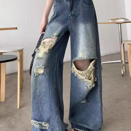 Pantaloni di jeans casual Jeans da donna Pantaloni dritti vintage Autunno Primavera Moda femminile Pantaloni a gamba larga blu Jeans con foro