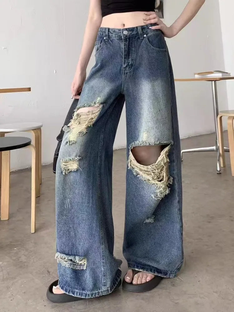 Pantaloni di jeans casual Jeans da donna Pantaloni dritti vintage Autunno Primavera Moda femminile Pantaloni a gamba larga blu Jeans con foro