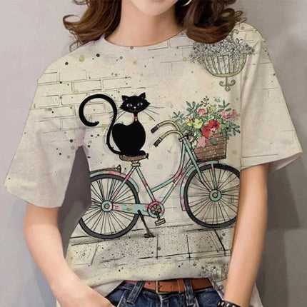 T-shirt mignonne en forme de chat pour femme, avec impression 3D animal de compagnie, manches courtes, hauts décontractés d'été, T-shirts amples Streetwear à col rond