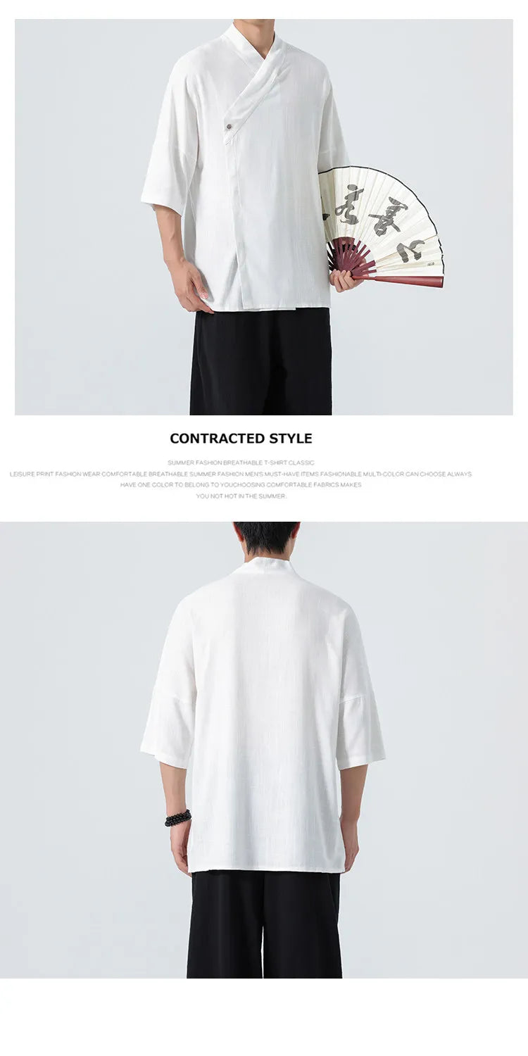 Camicie Estive 2026 da Uomo, Stile Cinese Retrò Tradizionale in Lino Traspirante, Abbigliamento Maschile per Kung Fu e Tai Chi, Bluse Casual Stile Tang