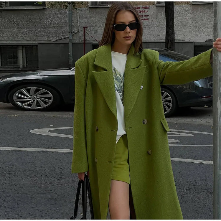 Elegant Women's Woolen Overcoat Solid Lapel Double Breasted Full Sleeve Long Coat 2026 Autumn Winter Fashion Lady Outwear
