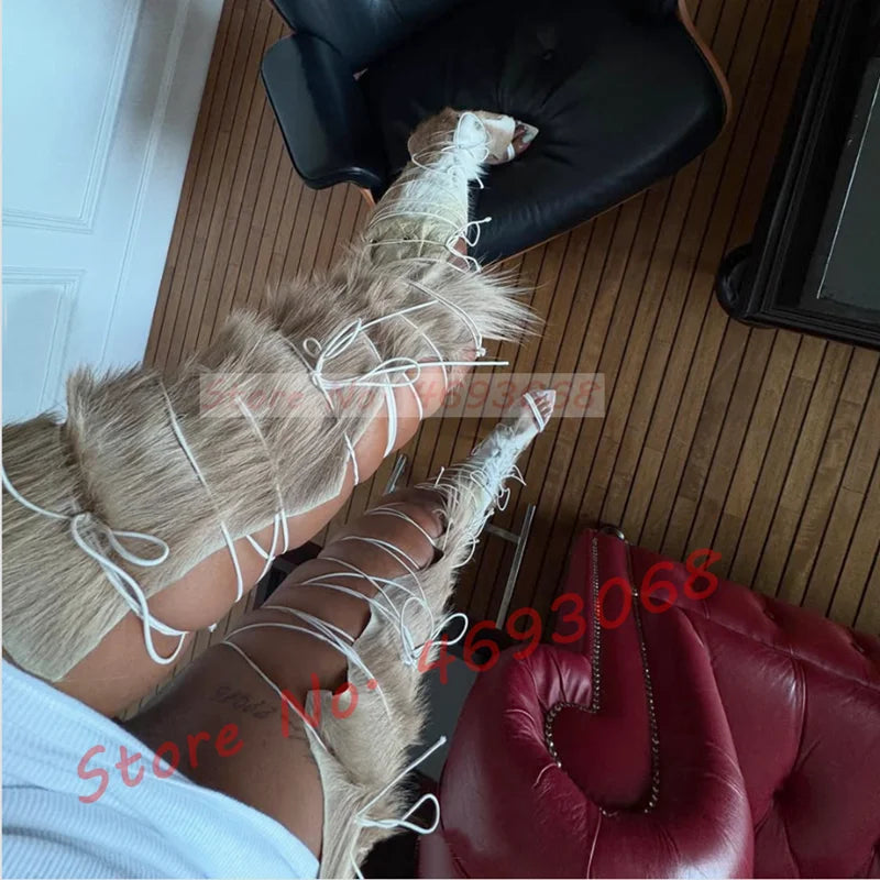 Fur Hide Lace Up Over Knee Sandals Women Wild Sexy Cross Tied High Heels Puttee Shoes Ladies Cutout Party Pointy Long Sandals