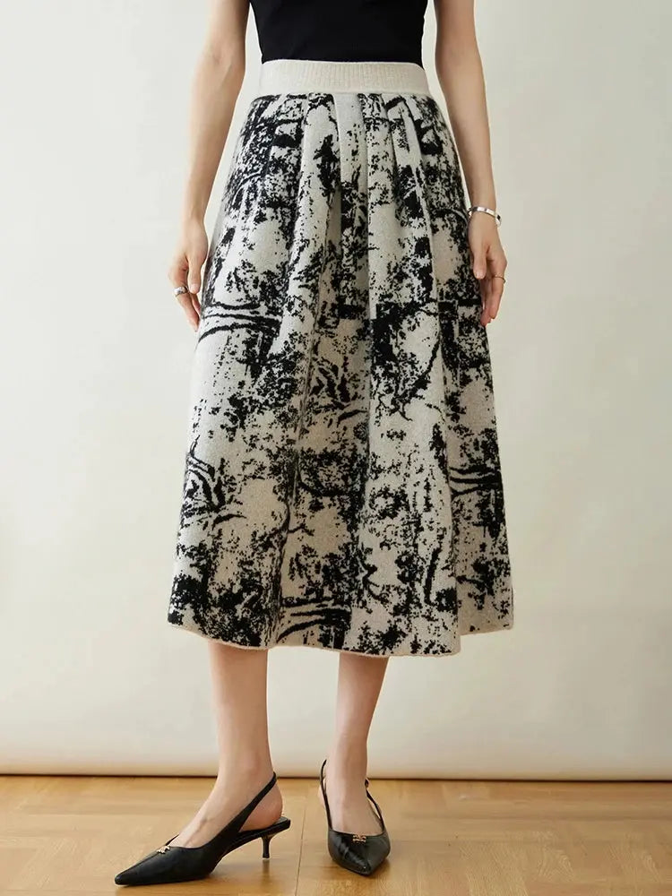 New 100% Pure Cashmere Half Skirt Women's Autumn Winter Mid-calf Knitted Full Skirt A-line High Waist Dress Retro Chinese Style PlatiNum