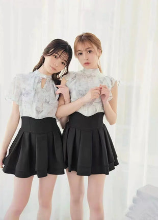 Minigonna a balze Lautaro Primavera Estate Nera Dolce Carina Kawaii a Vita Alta da Donna, Abbigliamento Cutecore Stile Giapponese Moda