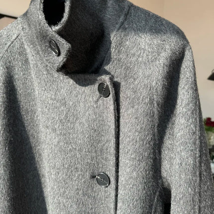 Korean Fashion Dark Gray Stand Collar 100%Wool Coat Women Long Winter Jacket