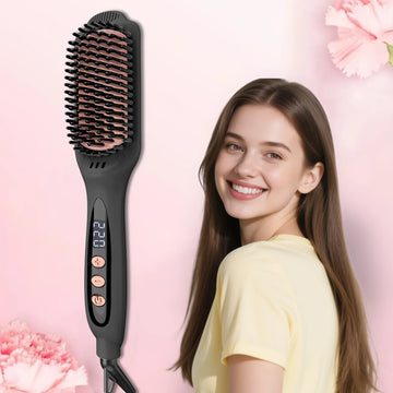 Ionic Hair Straightener Brush for Frizz-Free & Smooth Results – Ceramic Straightening Brush with 12 Temp Settings(250-450°F), Ideal for Medium & Long Hair, Dual Voltage & Fast Heating