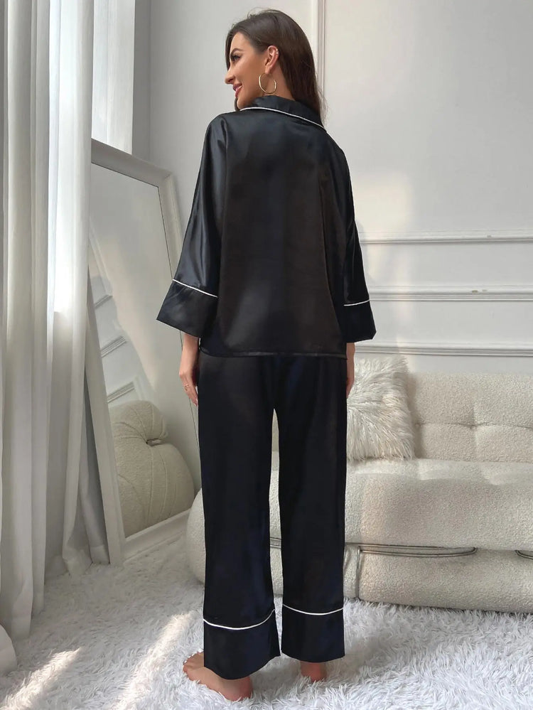 Pigiama da donna Completo da notte Completo da pigiama Pj Set Top a maniche lunghe in raso con pantaloni Pigiama da 2 pezzi Pigiama da donna