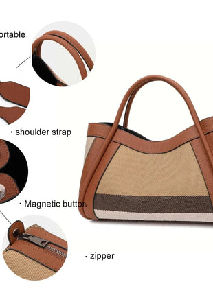 Borsa Tote in Tessuto a Righe con Bordi in Ecopelle, Manico Largo, Borsa a Spalla Grande per Uso Quotidiano e Pendolarismo