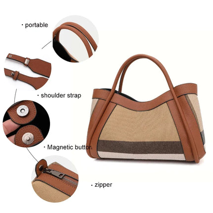 Borsa Tote in Tessuto a Righe con Bordi in Ecopelle, Manico Largo, Borsa a Spalla Grande per Uso Quotidiano e Pendolarismo
