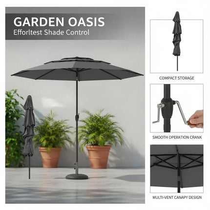 Ombrellone da Giardino a 3 Livelli Ventilato 300cm, con Sistema di Inclinazione a Pulsante e Manovella, Palo in Metallo Robusto, Ombrellone da Spiaggia e Giardino