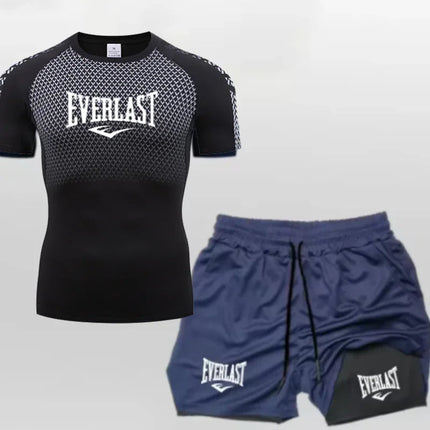 EVERLAST Men's Compress Shirt + 2-in-1 sports shorts 2pcs Set Leisure Breath Short Sleeve Sport Jogging Gym Brand Print Clothing platinumshop