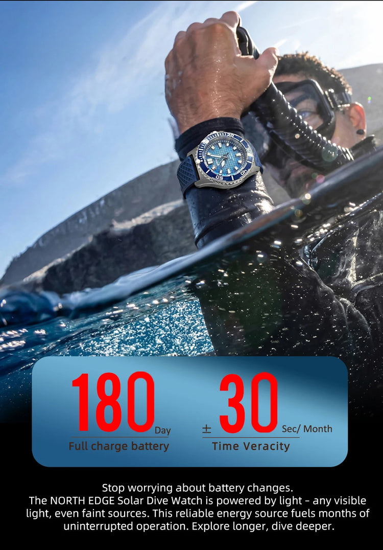 NORTH EDGE NEW Design ABYSS Solar Powered Dive Quartz Wristwatch 200M Waterproof Sports Diving Watch 316L Soft Strap Men Watches