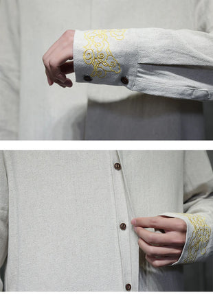 Camicie da Uomo di Alta Qualità con Ricami in Stile Cinese, Colletto Rialzato Retrò, in Lino Comodo e Traspirante, Camicie Casual da Uomo
