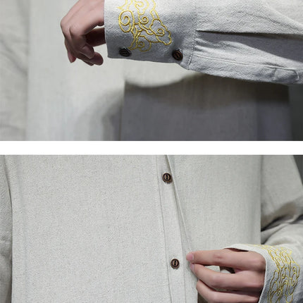 Camicie da Uomo di Alta Qualità con Ricami in Stile Cinese, Colletto Rialzato Retrò, in Lino Comodo e Traspirante, Camicie Casual da Uomo