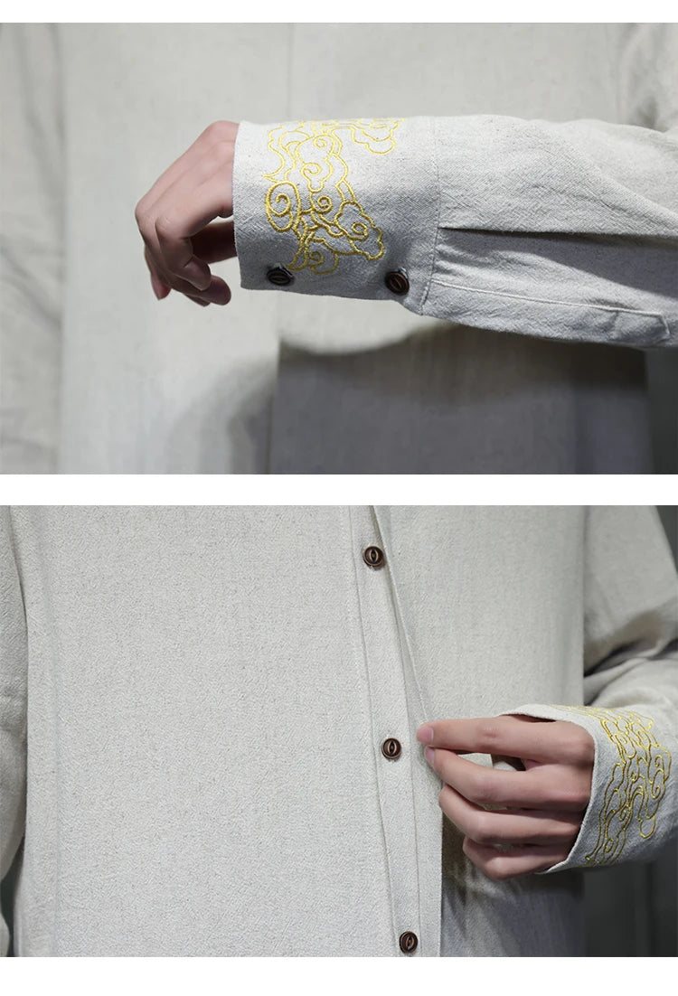 Camicie da Uomo di Alta Qualità con Ricami in Stile Cinese, Colletto Rialzato Retrò, in Lino Comodo e Traspirante, Camicie Casual da Uomo