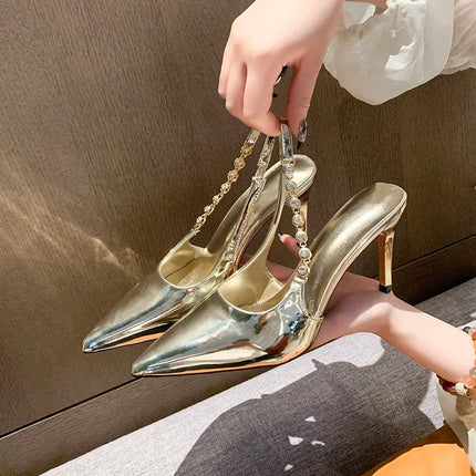 Shiny High Heels Slingback Silver Women Pumps Metallic Crystal Sandals Pointy Toe Stiletto Heeled Shoes Party Dress Shoes Woman PlatiNum