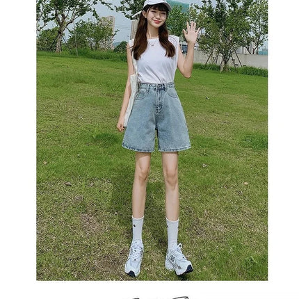 Ladies High Waist Wide Leg Denim Shorts Retro Blue A-Line Slim Fit Spring Summer Womens Casual Clothing 2026 PlatiNum