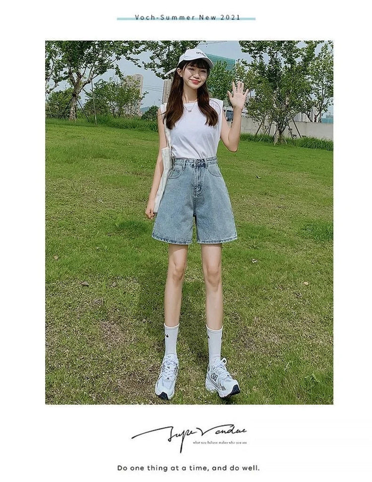 Ladies High Waist Wide Leg Denim Shorts Retro Blue A-Line Slim Fit Spring Summer Womens Casual Clothing 2026 PlatiNum