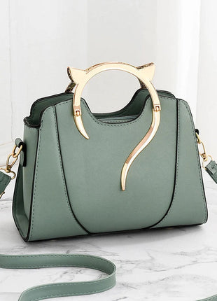 Cat Shaped Handle Women Handbag Trendy And Fashionable, Solid Color, Simple And Casual Crossbody Shoulder Shell Bag PlatiNum