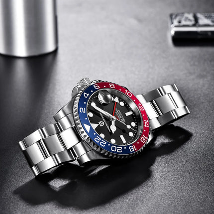 TOP PAGANI DESIGN PD1662 GMT Orologio meccanico automatico da uomo Cinturino in acciaio inossidabile Anello in ceramica blu Quadrante bianco Resistente all'acqua fino a 100 m Orologi da polso sportivi da uomo luminosi per uom