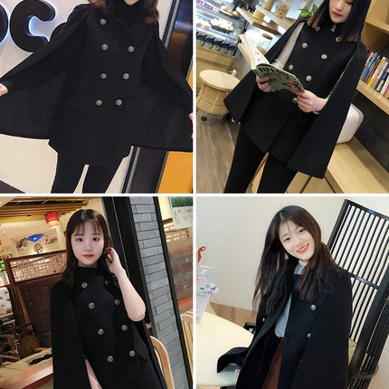 French Elegant Retro Hepburn Style Stand Collar Double-breasted Loose Temperament Commuter Woolen Jacket Cape Cloak Women Autumn