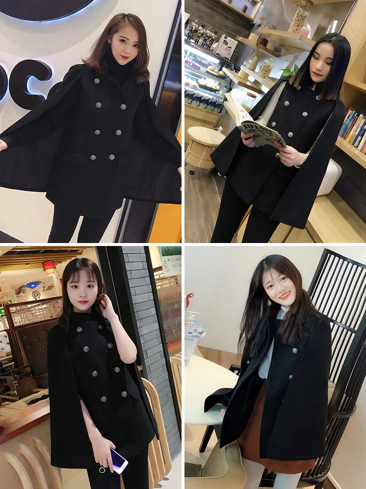 French Elegant Retro Hepburn Style Stand Collar Double-breasted Loose Temperament Commuter Woolen Jacket Cape Cloak Women Autumn