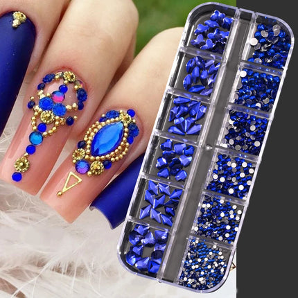 12 Grids Mixed Size Nail Rhinestones SS6 to SS30 Shiny Clear Gold Pink Blue Flat Back Glass Gems for DIY Nail Art Manicure Decoration Supply