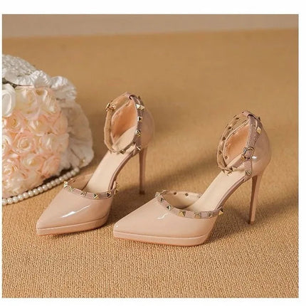 Sandali Nude con Punta a Spillo e Fibbia da Donna, Tacco Sottile Estivo, Impermeabili, con Plateau, Comodi, con Rivetti, in Pelle Sintetica platinumshop