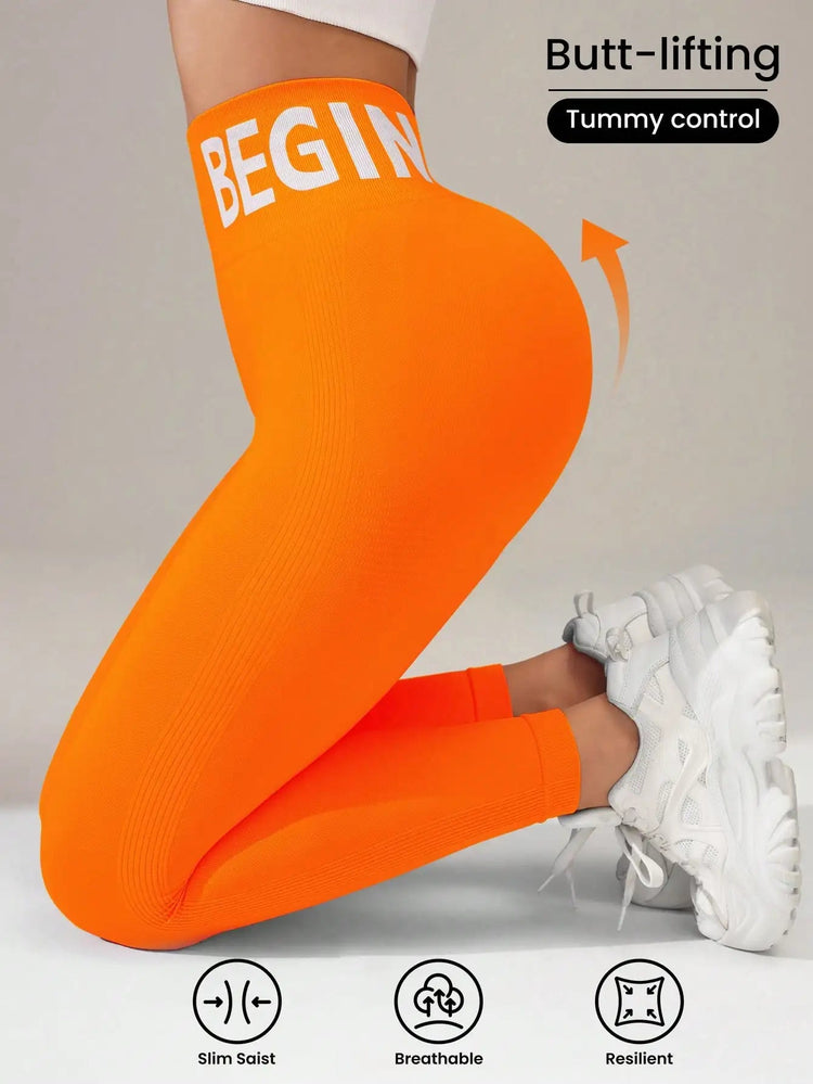 European and American Seamless Yoga Leggings with Waistband Lettering, Butt-Lifting, Quick-Dry Women's Breathable Tights for Pea PlatiNum