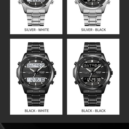Skmei orologio da polso analogico al quarzo da uomo cinturino in acciaio inossidabile di lusso Led impermeabile digitale sportivo sveglia a tre fusi orari platinumshop