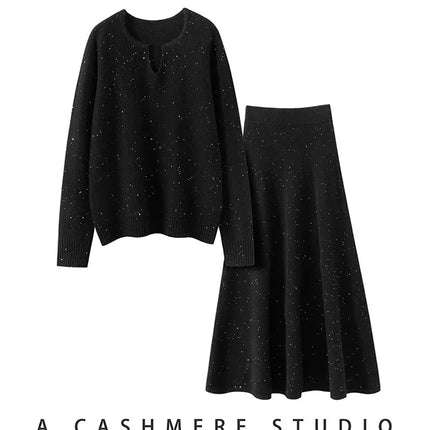 Chic Women Sweater Suite Skirt 100% Cashmere A-Line Skirt Autumn Winter Wave Skirt Elastic Knee Length Dress Sequins French Knit PlatiNum