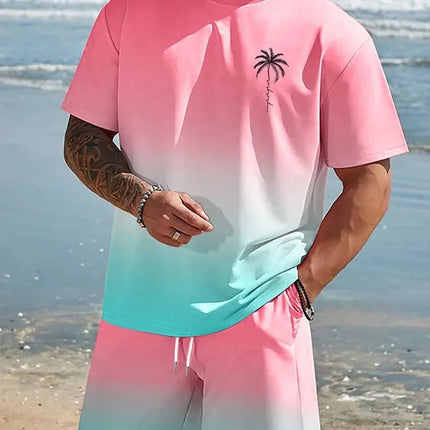 Men's Short Sleeve Gradient Print Shorts Set Fashion Hawaiian Men's Set Casual Summer Men's T-shirt Outdoor Beach Men's Shorts