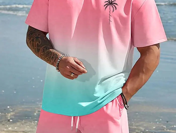 Men's Short Sleeve Gradient Print Shorts Set Fashion Hawaiian Men's Set Casual Summer Men's T-shirt Outdoor Beach Men's Shorts