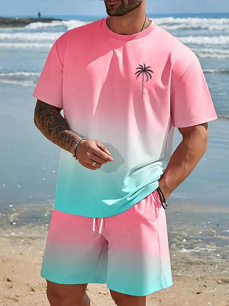 Pantaloncini a maniche corte da uomo con stampa sfumata Set Set di moda da uomo hawaiano T-shirt casual da uomo estiva Pantaloncini da uomo da spiaggia all'aperto