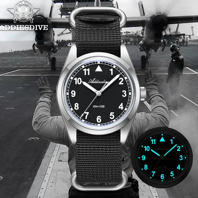ADDIESDIVE 36mm Men's Analog Watch Bubble Mirror Glass 100m Waterproof Luminous Watch Simple Men Quartz Watches with Nylon Strap