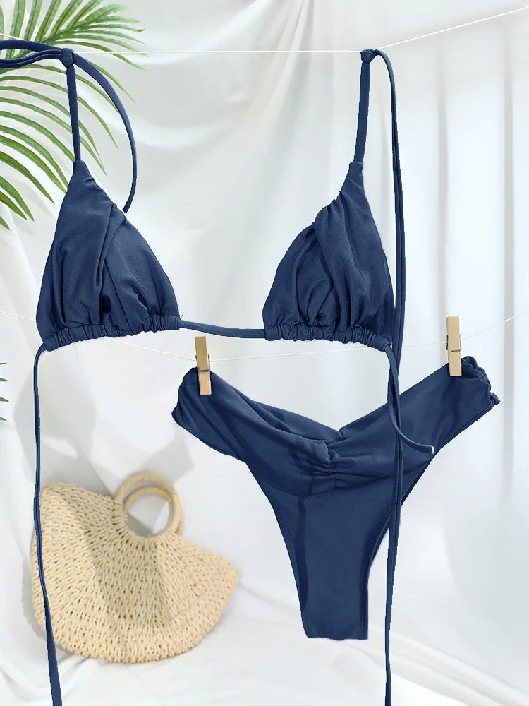 Costume da bagno bikini con pieghe sexy Micro bikini solido Costume da bagno donna Triangolo femminile Costume da bagno da spiaggia platinumshop