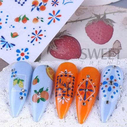 3/5pcs 3D Blue Fruit Bohemian Nail Sticker Cartoon Lemon Orange French Floral Petals Lines Leaves DIY Summer Manicure Decoration