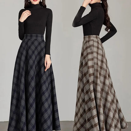 New Women Thick Woolen Skirt Autumn Winter Fashion Elastic High Waist A-Line Long Plaid Skirt Elegant Easy Match Wool Skirt PlatiNum
