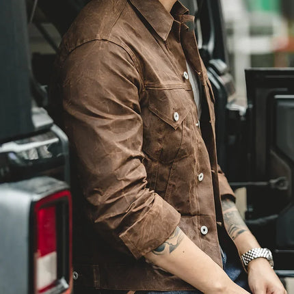 Maden Amekaji Retro Male Oil Waxed Jacket Canvas Cotton Khaki Military Uniform Light Casual Work Safari Style Coats Man Clothing