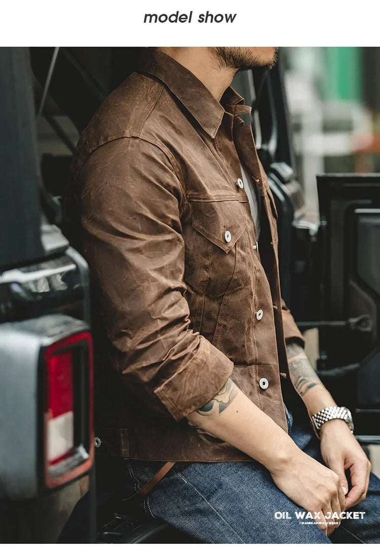 Maden Amekaji Retro Male Oil Waxed Jacket Canvas Cotton Khaki Military Uniform Light Casual Work Safari Style Coats Man Clothing